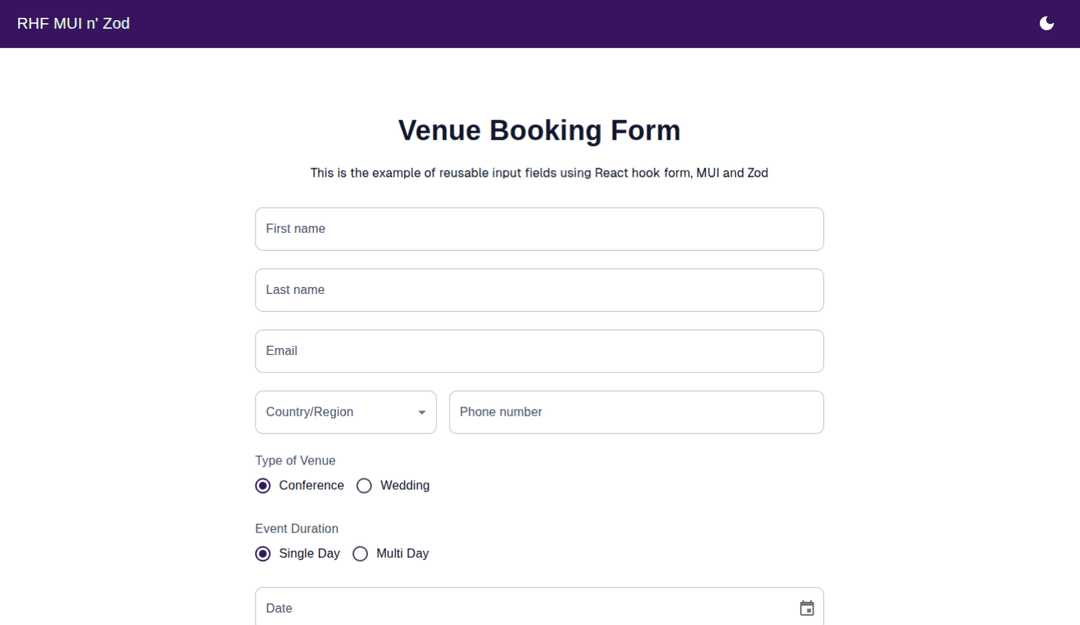 RHF MUI and Zod website image